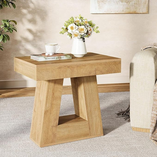 Tribesigns 24" Modern Side Table, 2-Tier Narrow Wooden End Table with Trapezoid Base, Farmhouse Small Nightstand for Living Room, Bedroom, Natural Wood Color
