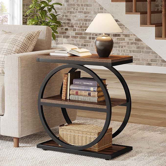 Tribesigns End Table, Narrow End Table with 3 Storage Shelves, Wood Side Table with Black Metal Frames, Industrial Small Sofa Side Table for Living Room, Slim Nightstand and Bedside Table for Bedroom