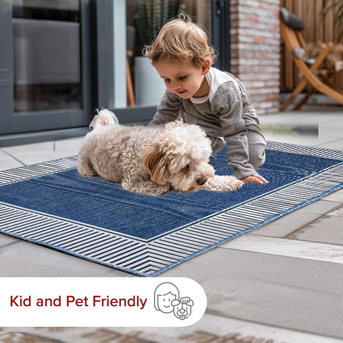 nuLOOM 2' x 3' Outdoor Area Rug, Casual Design With Striped Border, Stain Resistant, Highly Durable, For Patio, Balcony, Bedroom, Living Room, Dining Room, Bathroom, Navy