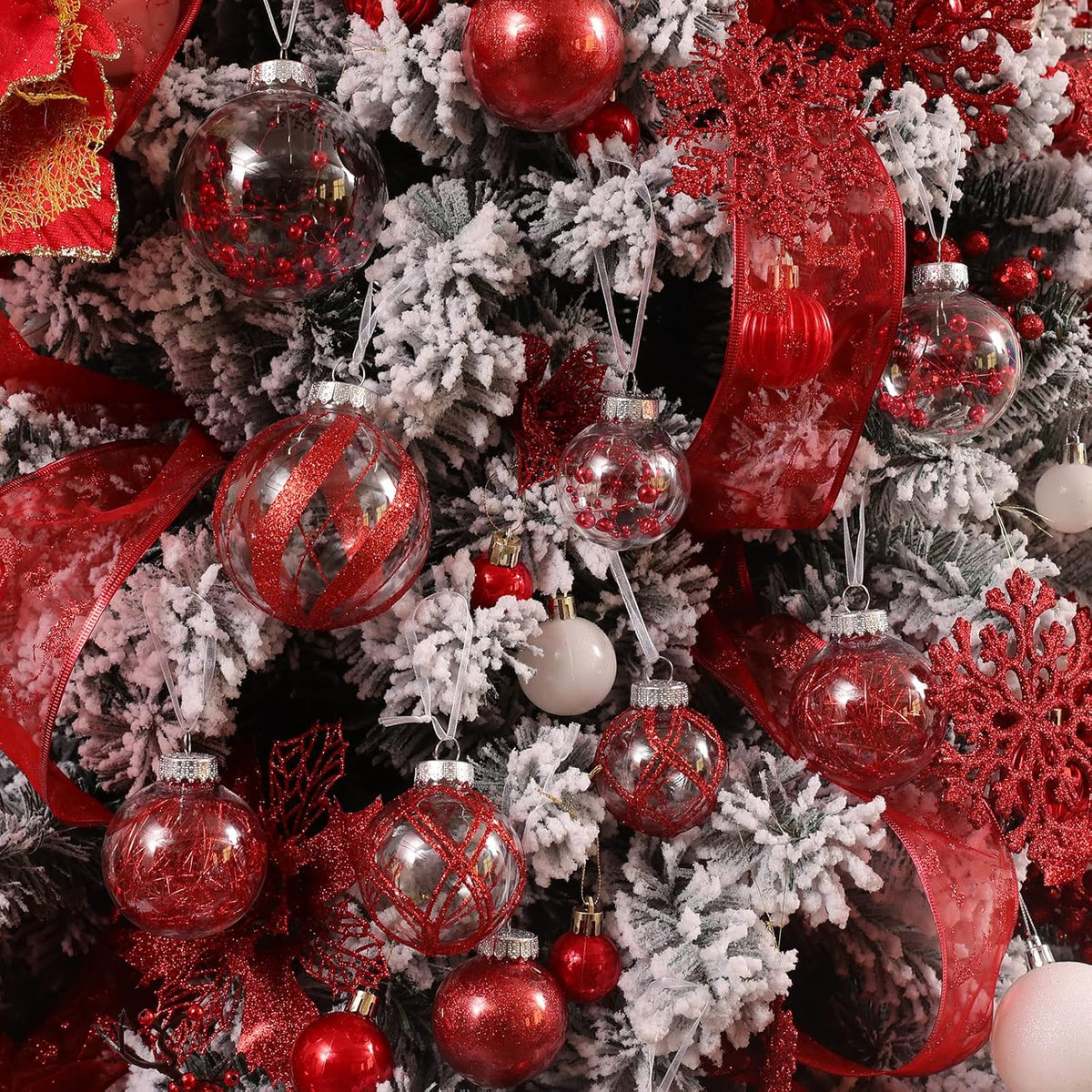 Clear Christmas Ball Ornaments,24ct Shatterproof Plastic Decorative Christmas Ornaments Hanging Xmas Tree Baubles Set with Stuffed Delicate Glittering Decorations for Holiday Party Home Decor (Red)