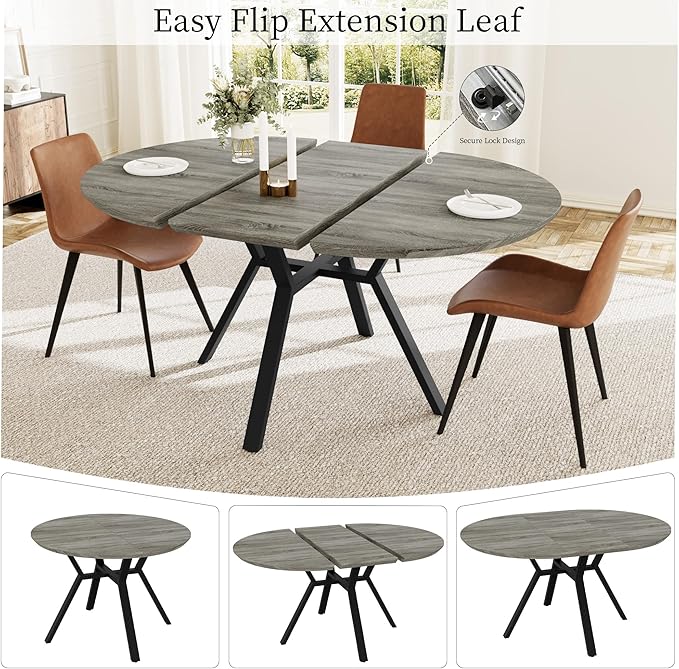 Extendable Round Dining Table Set for 4-6 People, 43.3"-59.1" Extendable Kitchen Table with 4 Upholstered Chairs, Space Saving for Kitchen Dining Room (Grey Table+4 Brown Chairs)