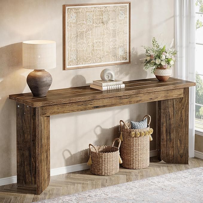 Tribesigns Farmhouse Console Table, 70.9-Inch Extra Long Console Table, Wood Sofa Table Behind Couch with Widened Tabletop & Sturdy Double Pedestal for Living Room, Hallway, Foyer (Rustic Brown)