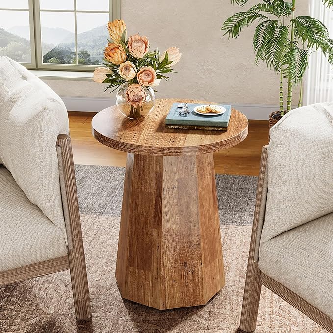 Tribesigns Farmhouse Round End Table, Wooden Couch Side Table with Octagonal Base, Rustic Brown Nightstand Pedestal Accent Furniture for Living Room, Bedroom (1, Walnut)