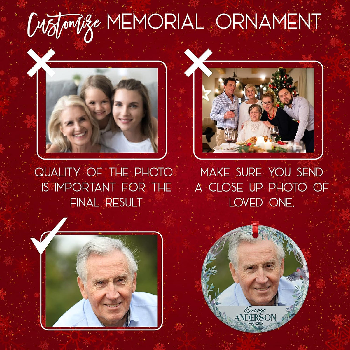 Cardinal Birds 2, Memorial Christmas Ornament Personalized with Photo, Name & Date - Upload Photo & Picture - 7 Designs, Memorial Ornaments Loss of Loved Ones – D6