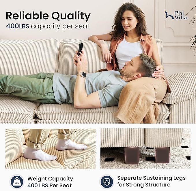 PHI VILLA Cloud Modular Couch Sets, 157.5" Sectional Sofa with U-Shaped Chaise, 6-Seater Couches with Movable Ottomans for Living Room, Corduroy Fabric, Beige