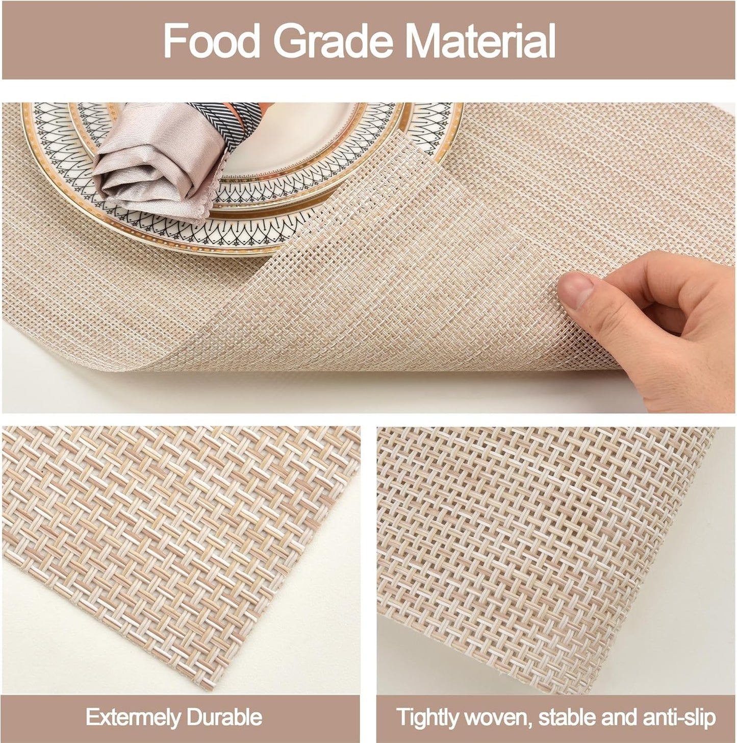 Placemats Set of 6 - Easy Clean Washable Vinyl Placemats - Wipeable Heat Resistant Table Mats for Dining Table - 17.7x11.8 Inch (6, Beige)