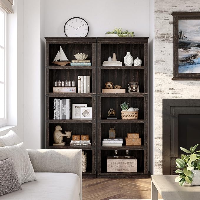 IDEALHOUSE 5 Tier Bookcase, Farmhouse Book Shelf with Storage, Tall Book Case Wooden 5 Shelf Bookcase for Home Office, Living Room, Bed Room(Oak, 67.4" H x 24.6" W x 12.8" D)