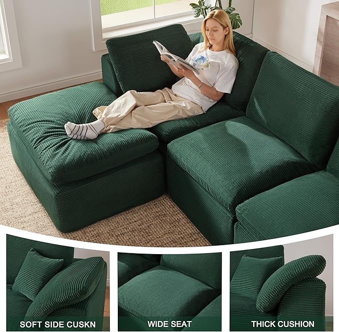 112" Cloud Sectional Couch, Boneless Couches for Living Room, U Shaped Couch with Convertible Ottoman, Modular Sectional Sofa with Deep Seat, Comfy Soft Cushions, No Assembly, Green