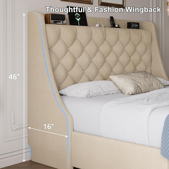 Queen Size Upholstered Platform Bed Frame with 4 Storage Drawers and Charging Station, Linen Button Tufted Wingback Headboard, Sturdy Wooden Support Slats, No Box Spring Needed, Beige