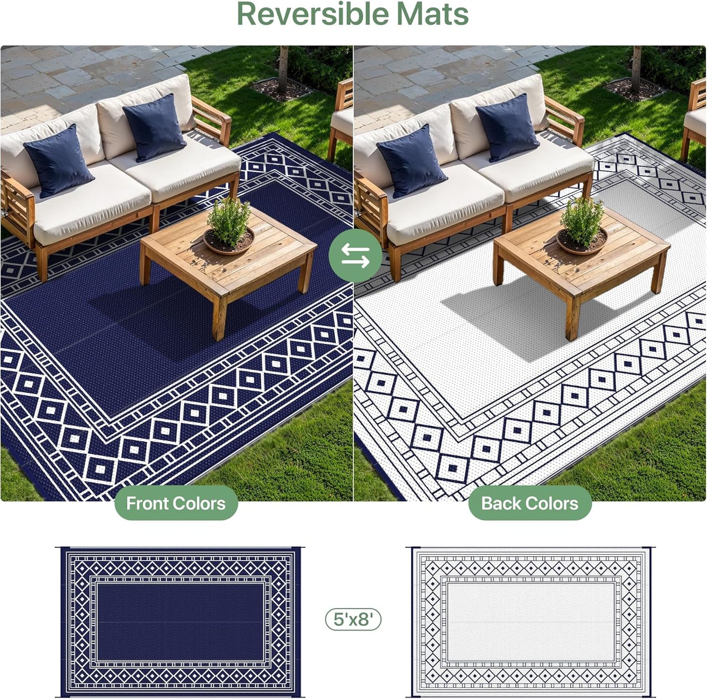 GENIMO Outdoor Rug Waterproof for Patio Decor, 5'x8' Reversible Plastic Straw Rug Carpet, Camping Mats for Outdoor, RV, Backyard, Deck, Balcony, Picnic, Blue & White