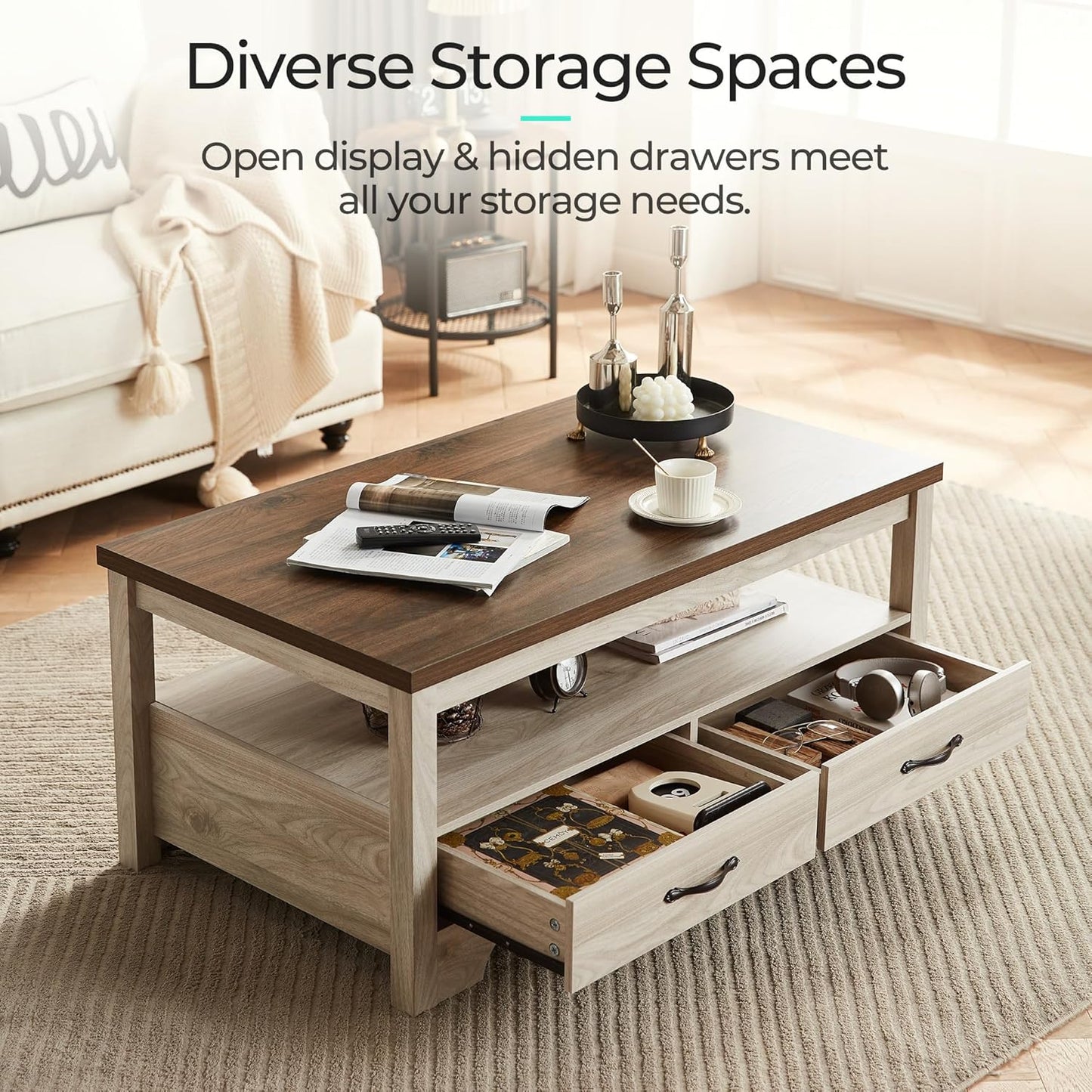 LINSY HOME Farmhouse Coffee Table with Storage, Wood Coffee Table for Living Room, Open Display Area and Storage Drawers with Metal Handles, Chic Style with Curved Base. Oak and Brown
