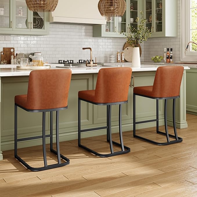 MAISON ARTS Counter Height Bar Stools with Back Set of 3 for Kitchen Counter, 24 Inch Modern Upholstered Faux Leather Barstools Farmhouse Bar Chairs Luxury Island Stools Support 330LBS, Brown