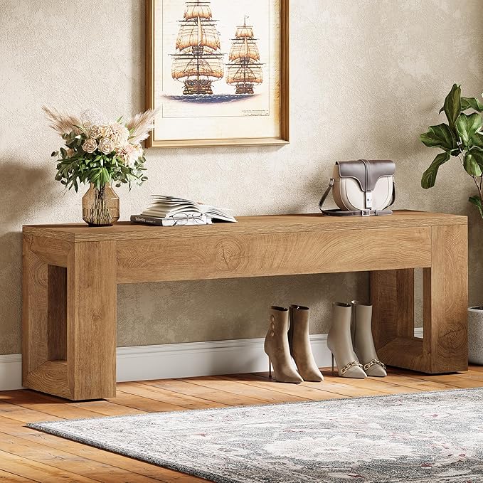 Tribesigns 47" Entryway Bench, Farmhouse Long Bench Seat for Dining Room, Living Room, Entryway, Hallway, Wood Color