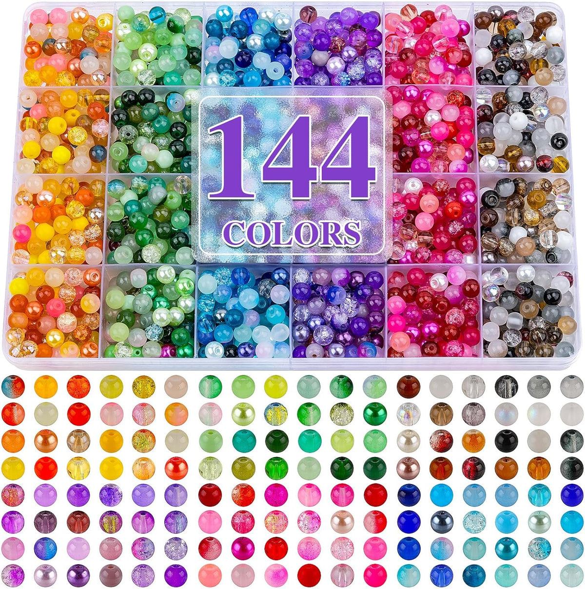 XSEINO About 1200PCS 6mm Glass Beads Bracelet Making Set, 144 Color Colorful Round Style Glass Beads for Bracelet and Jewelry Making and DIY Crafts,Friendship Bracelets