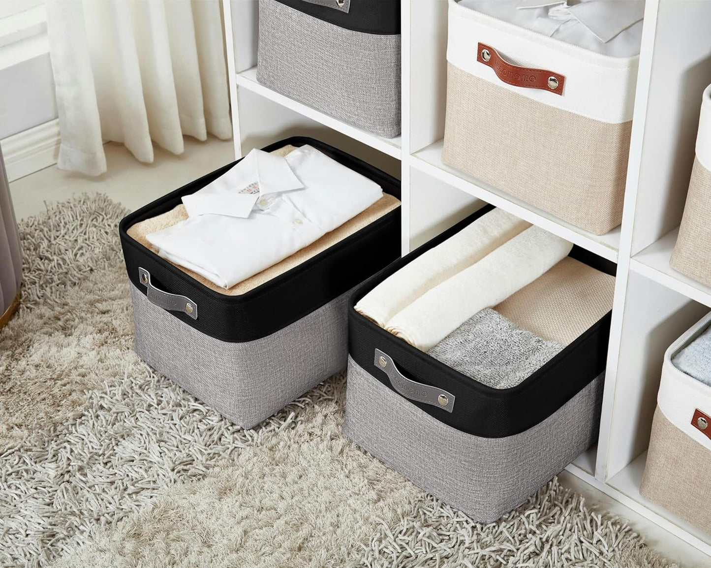 DECOMOMO Storage Baskets for Shelves - Fabric Closet Organizers and Storage Bins, Perfect Baskets for Organizing Closet Toys Nursery (Grey and Black, Large - 4 Pack)