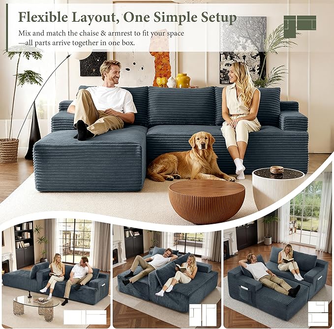 96''Sectional Couches for Living Room,Modern Modular Sectional Sofa,Upholstered Boneless Couch with Pockets,Comfy Cloud Couch with L Shaped Chaise(Dark Grey, 96''W Left Facing Chaise)