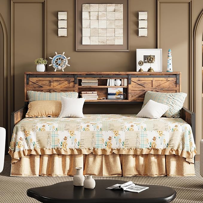 LIKIMIO Daybed with Trundle Bed, Sofa Bed Twin with Charging Station, with Storage Headboard & Strong Support, for Living Room, Bedroom and Guest Room, Industrial Brown