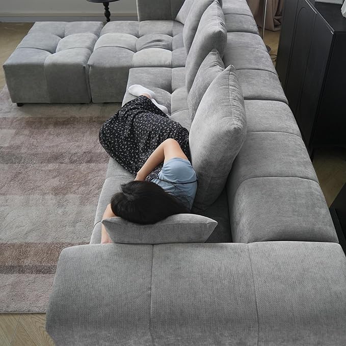 WJShome Oversized Modular Sectional Sofa, V Shaped Couch with Ottoman,Sectional Couches for Living Room,Large Linen Deep Seat with Pillow Couches for Home,Spacious Space,Gray