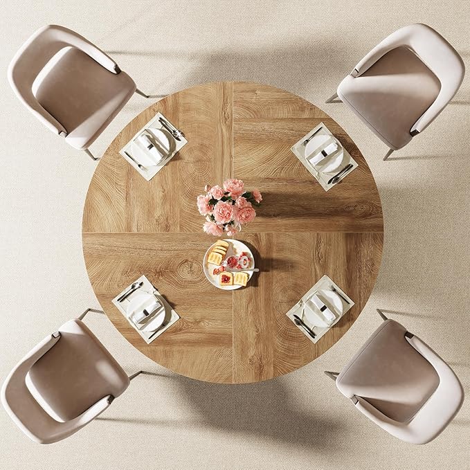 Tribesigns Round Dining Table for 4-6, 47-Inch Modern Circle Kitchen Table with Fluted Round Base, Farmhouse Wood Dinner Table for Dining Room, Kitchen, Living Room, Brown