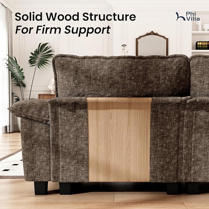 PHI VILLA Modern Modular Couches Sets, 123.6" Cloud Sectional Sofa with Upholstered Deep Seat, 3-Seater Couch for Living Room Small Spaces, Chenille Fabric, Taupe