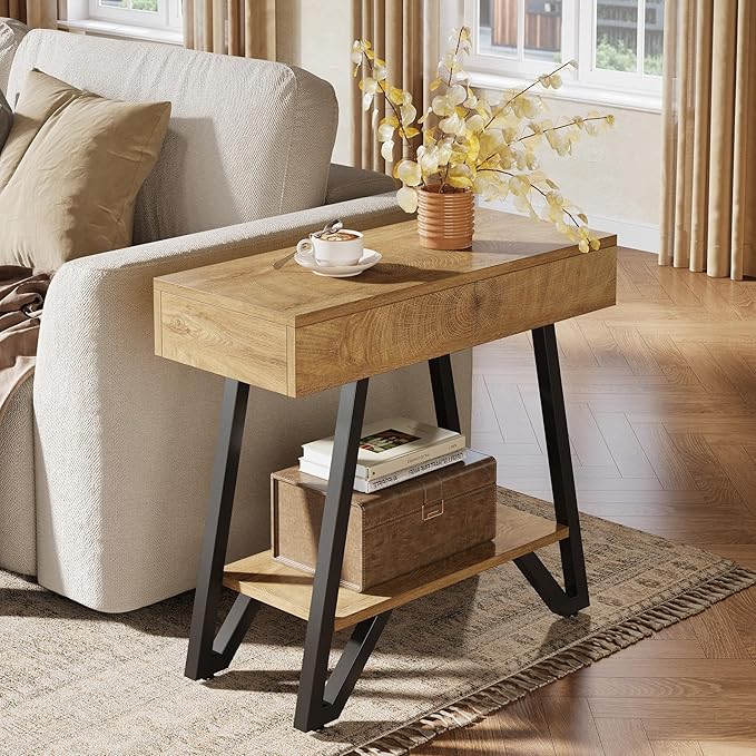 Tribesigns End Side Table for Living Room, Narrow Couch Arm Side Table with Storage Shelves, Small Bedside Nightstand for Bedroom, Small Spaces, Natural