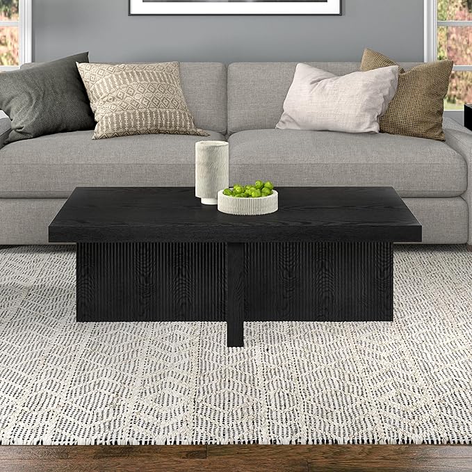 Henn&Hart 44" Fluted Rectangular Wood Pedestal Low-Profile Coffee Table for Living Room, Family Room or Office, Black Grain
