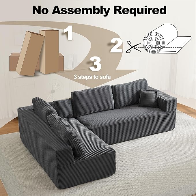 106" Cloud Modular Sectional Sofa Couch,L-Shape Modern Boneless Sectional Couch with Deep Seat,Upholstered Couches for Living Room Bedroom,No Assembly Required,Grey