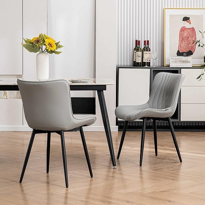 YOUTASTE Dining Chairs Set of 2, Mid Century Modern Upholstered Faux Leather Kitchen Room Chairs, with Black Metal Legs, Armless Accent Chair for Living Room, Bedroom, Vanity, Grey