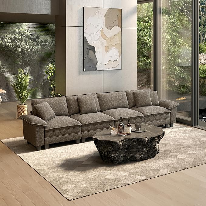 HERA'S HOUSE 158" Modular Sectional Sofa, Oversized Couches for Living Room, Comfy Cloud Couch 4-Seater Deep Seat Sofa with Throw Pillow, Chenille Ash