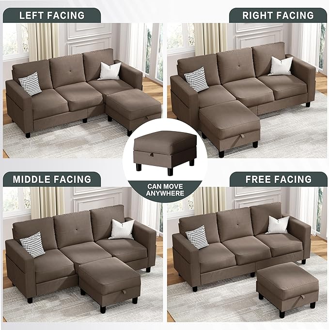 JY QAQA Convertible Sectional Sofa Couch with 3-Seat Sofa, L-Shaped Ottoman Couch with Modern Linen Fabric for Small Living Room, Apartment and Small Space(Brown)