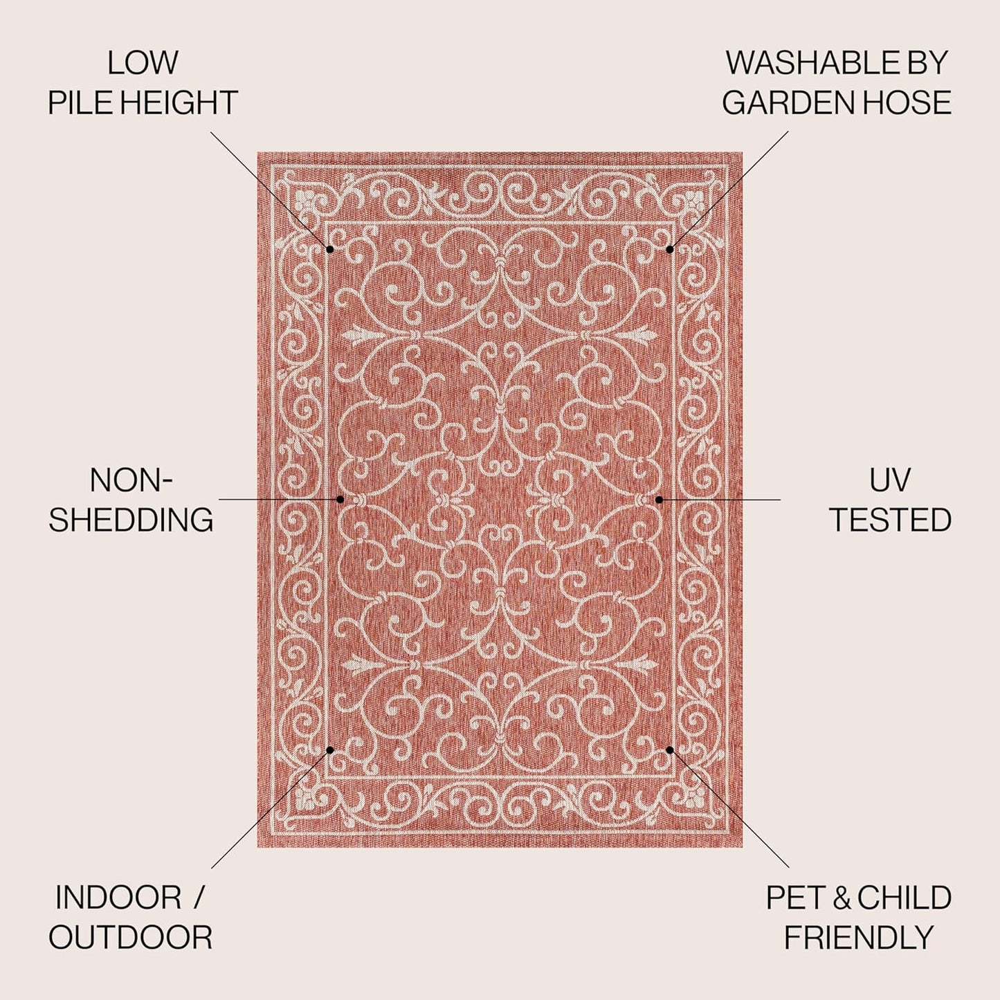 JONATHAN Y Vintage Filigree Indoor Outdoor Round Area Rug 4 Ft Red/Beige, Charleston Textured Weave for Backyard, Patio, Porch, Easy-Cleaning, High Traffic, Pet-Friendly, Non-Shedding (SMB106B-4R)
