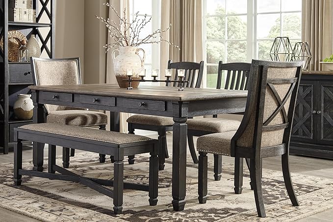 Signature Design by Ashley Tyler Creek Farmhouse Upholstered Dining Room Bench with Tapered Legs, Heavy Woven Fabric, Wood, 19.5" High Seat, Black & Gray