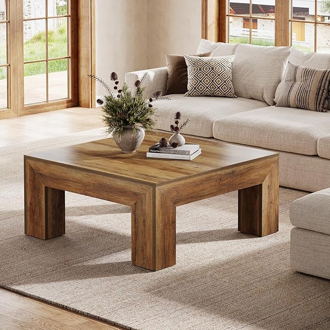 Tribesigns Farmhouse Square Coffee Table for Living Room, 39.37-Inch Low Large Center Tea Accent Table with Sturdy Legs, Easy Assembly (Rustic Brown)