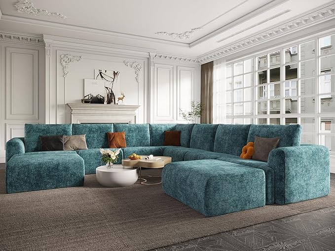 EASE MOOSE Oversized Sectional Cloud Couch, 9-Seat Modular Boneless Sofa Set with Deep Seat, No-Assembly Chenille Sofa for Living Room, Blue