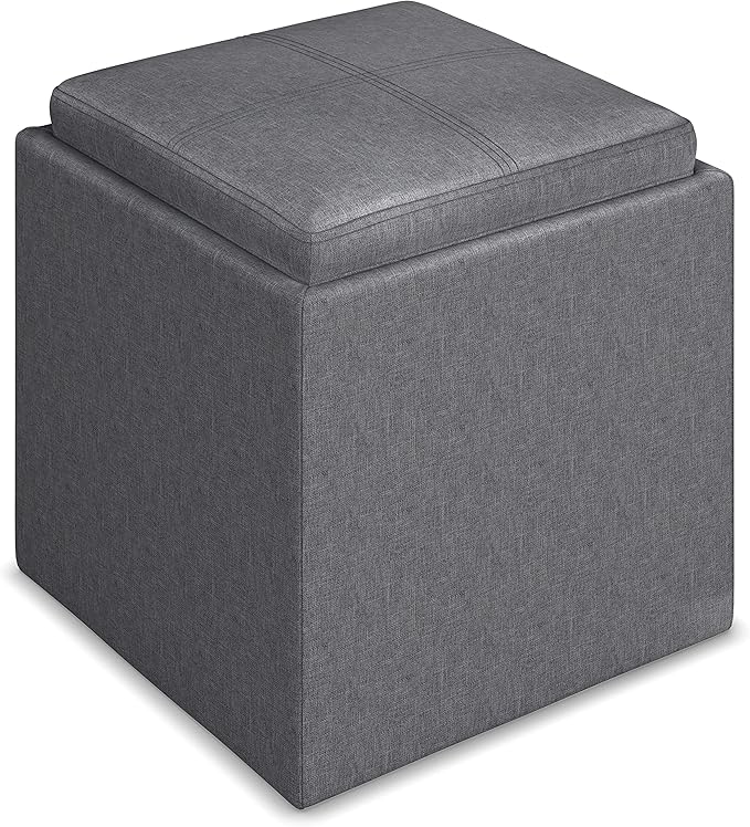 SIMPLIHOME Rockwood 18 inch Wide Contemporary Square Cube Storage Ottoman with Tray in Slate Grey Linen Look Fabric, Assembled, For the Living Room, Entryway and Family Room