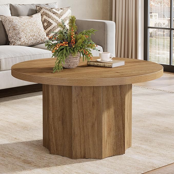 Tribesigns Round Coffee Table, 31.5" Mid Century Modern Center Table with Fluted Base, Farmhouse Wooden Accent Cocktail Tables for Small Space, Living Room, Apartment, Brown