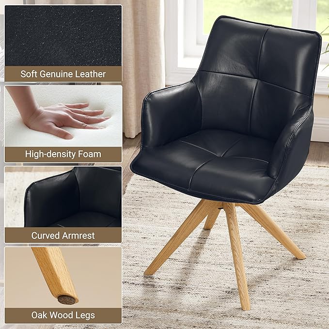 Art Leon Office Chair No Wheels - Mid Century Modern Swivel Desk Chair, Genuine Leather Upholstered Accent Chair with Oak Wood Legs for Small Space Living Room Bedroom, Black Blue