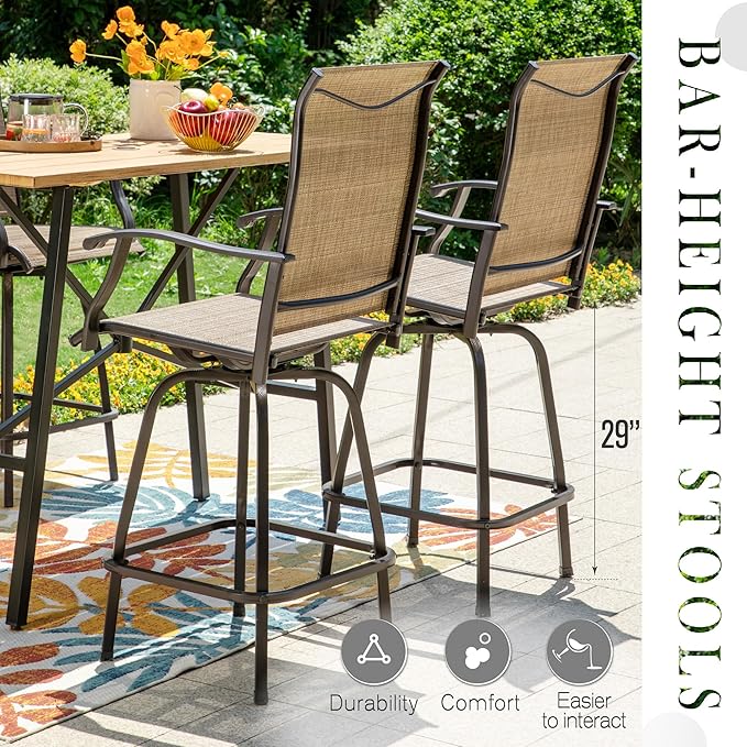 Sophia & William Swivel Bar Stools Set of 2, Bar Height Chairs, Outdoor Bar Chairs, High Top Patio Chairs, Supports 300 lbs (Brown Fabric)