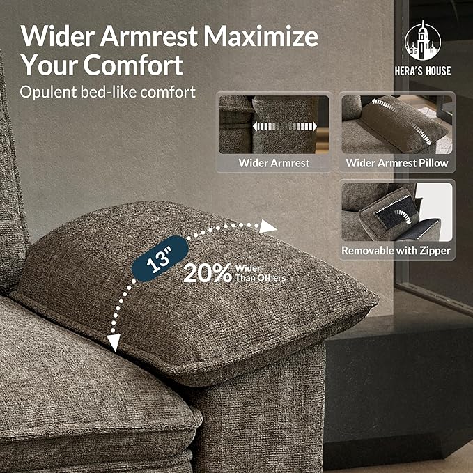 HERA'S HOUSE 124" Modular Sectional Sofa, Oversized L Shaped Couches for Living Room, Comfy Cloud Couch with Ottoman, 4-Seater Deep Seat Sofa with Throw Pillow, Chenille Ash