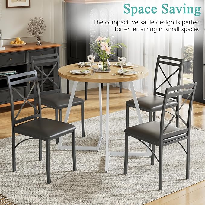 VECELO 35" Round Dining Table for 4, Wood-Grain Tabletop & Heavy-Duty Steel Frame, for Kitchen, Living Room, Easy Assembly, Natural & White