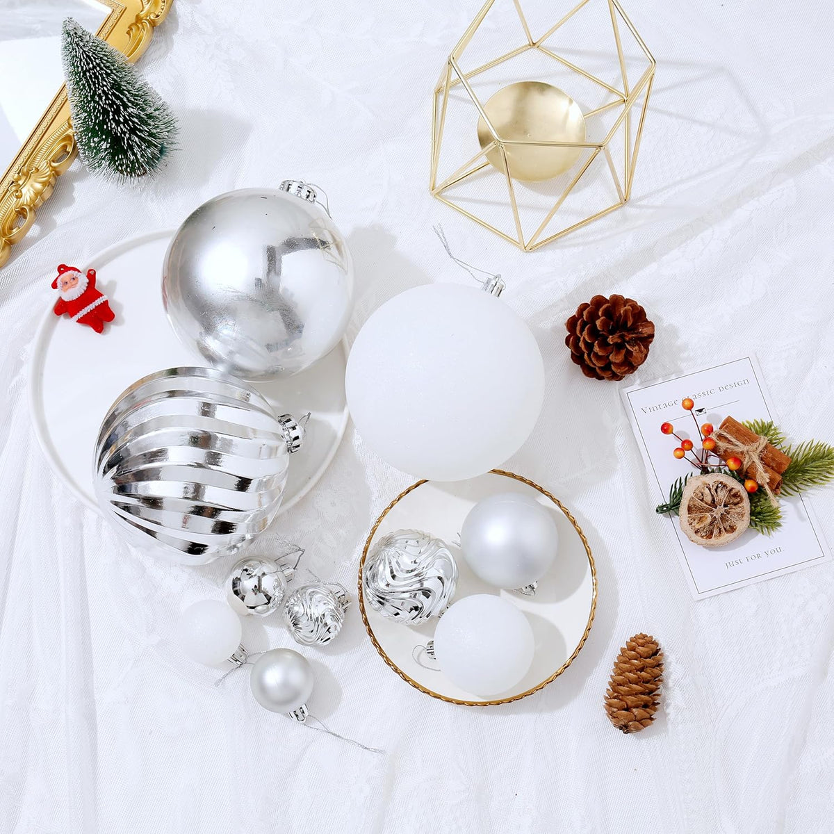 Christmas Ball Ornaments for Xmas Decorations,50 pcs Christmas Extra Large Tree Shatterproof Ornaments-Silver (Combo of 5 Style in 3 Sizes)
