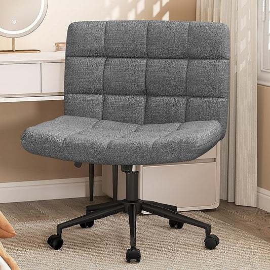 Furnimart Criss Cross Desk Char Wide Seat with Wheels, 360° Swivel Cross Legged Desk Chair Thick Cushion, Comfy Armless Home Office Chair for Bedroom, Vanity, Sturdy (Linen Gray)