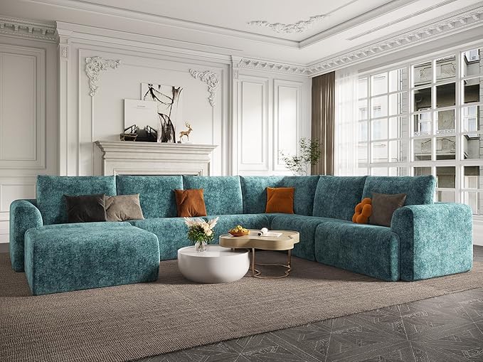 EASE MOOSE Sectional Cloud Couch Oversized for Living Room,7-Seat Modular Boneless Sofa U-Shaped Sofa with Ottoman, No-Assembly Chenille Couch, Blue