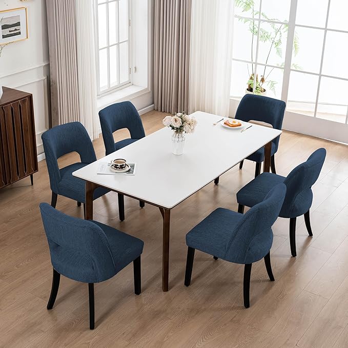 VKNOW Wooden Dining Chairs Set of 2, Modern Fabric Upholstered Dining Room Chair Kitchen Chairs, Farmhouse Dinner Chair for Kitchen Dining Room, Blue-Black Legs