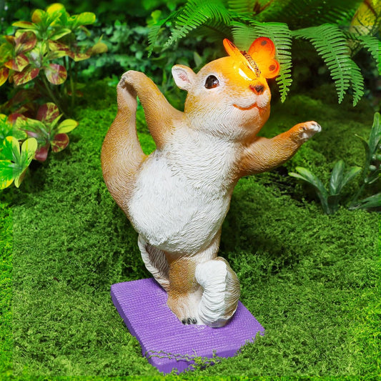 Solar Light Garden Statue Squirrel Figurine, Resin Squirrel Doing Yoga with Lighted Butterfly, Waterproof Spring Outdoor Ornaments for Garden, Front Door, Patio Decor & Gifts for Mother's Day
