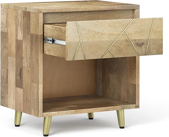 SIMPLIHOME Jager Bedside Table - 22 inch Wide Solid Mango Wood Nightstand in Natural, Mid Century Contemporary Bedroom Side or End Table with Brass Metal Inlay, 1 Drawer, and Open Storage