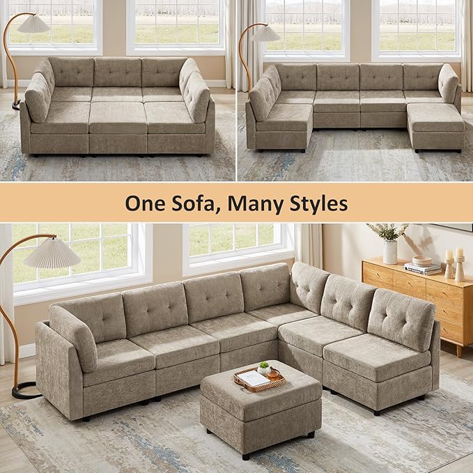 VANOMi 6 Seat Modular Cloud Sofa, 118" Convertible Sectional Cloud Sofas & Couches for Living Room, Comfy Chenille Sectional Couch Sofa for Living Room, Apartment, Office, Camel, L/U Shaped