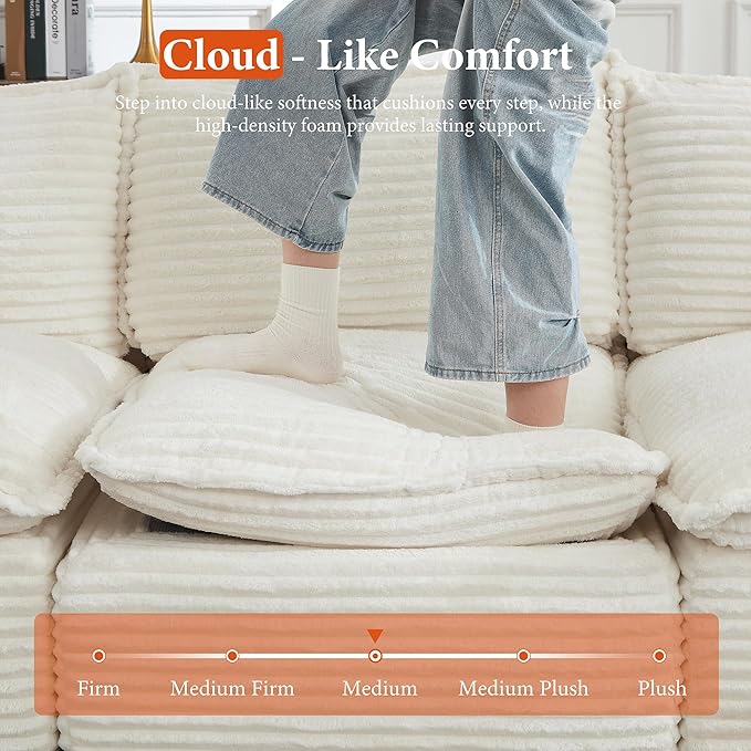 108" Sectional Couches for Living Room Boneless Couch Upholstered Cloud Couch Sectional Modular Sectional Sofa with L Shaped (Corduroy-White, 3 Seat+1 Ottoman)