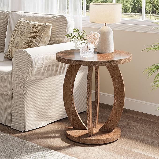 Tribesigns End Table, Round Side Table with Storage, Farmhouse Nightstand Bedside with Round Tabletop, Accent End Table for Living Room Bedroom Small Space, Wooden Accent Furniture, Rustic Brown