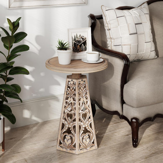 Rustic Farmhouse Wooden End Table, Distressed Round Accent Table with Intricate Carved Floral Patterns, Boho, for Living Room, Bedroom, or Entryway, Distressed Wood Color